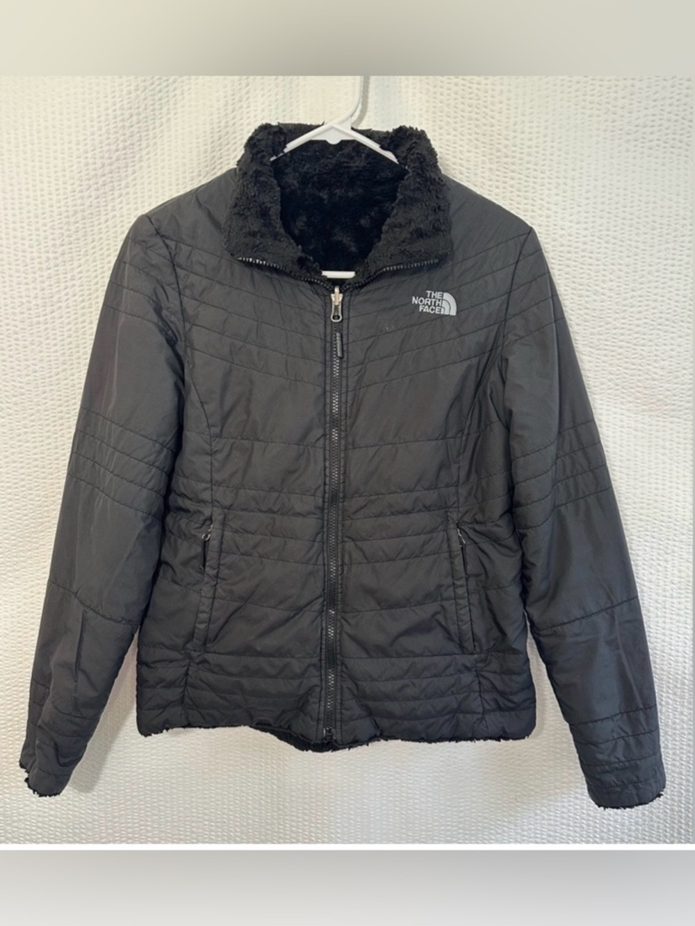 The North Face Mossbud Swirl Black Reversible Fleece Jacket Girls 14/16